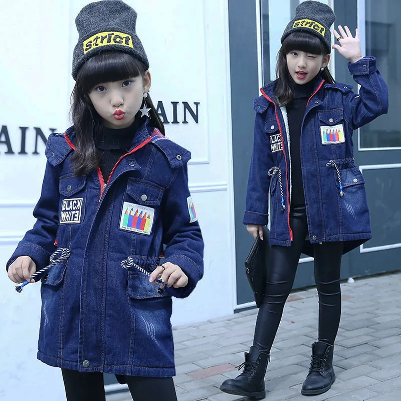 

Autumn Winter Boys Girls Thick Denim Jackets Trench Coats Hooded Kids Jeans Fleece Outwear Coats Clothes for Children Windproof