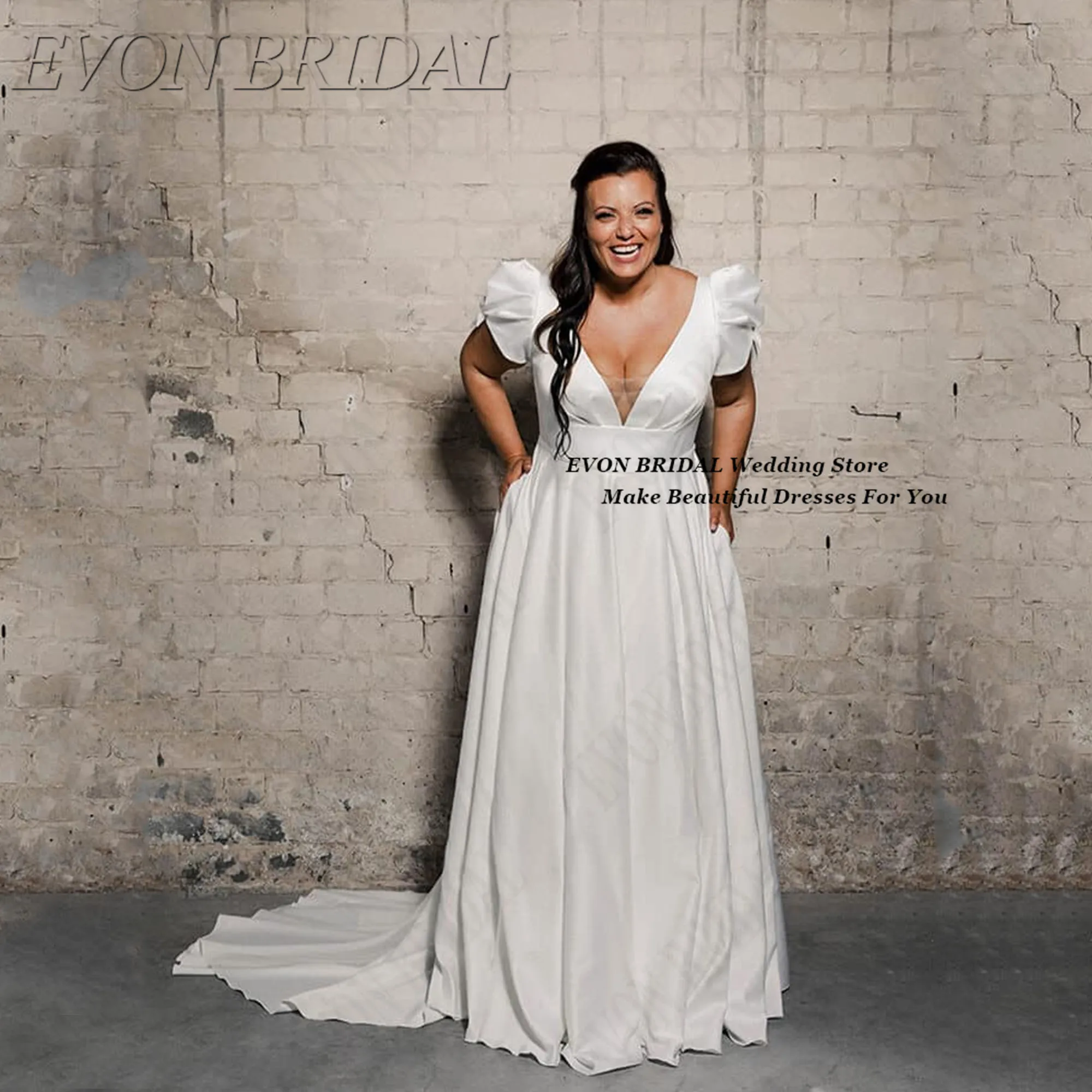 

EVON BRIDAL Elegant Bridal Party Gown V Neck Plus Size Appliques Bride Dress 2025 A Line Floor Length Wedding Gown Customized