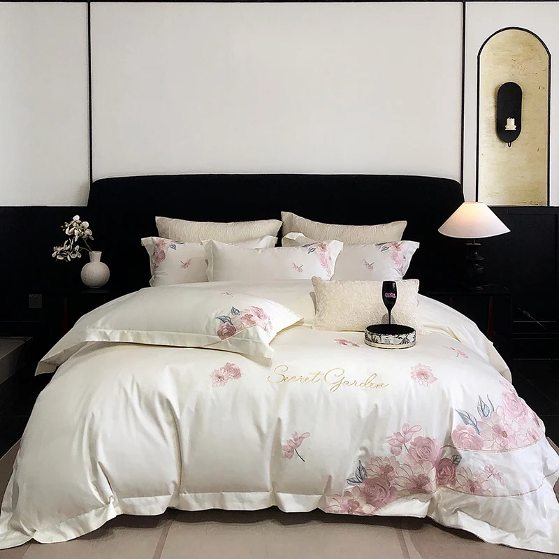 

White Egyptian Cotton Duvet Cover Set Luxury Flowers Embroidery Bedding Sets Quilt Cover Fitted Bed Sheets Pillowcases