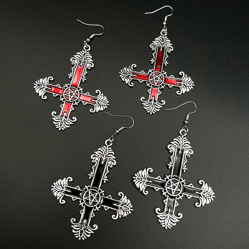 Upside Down Cross Earrings Trad Gothic Vintage Pentacle Cross Enamel Dangle Earrings Best Jewelry Gifts for Women