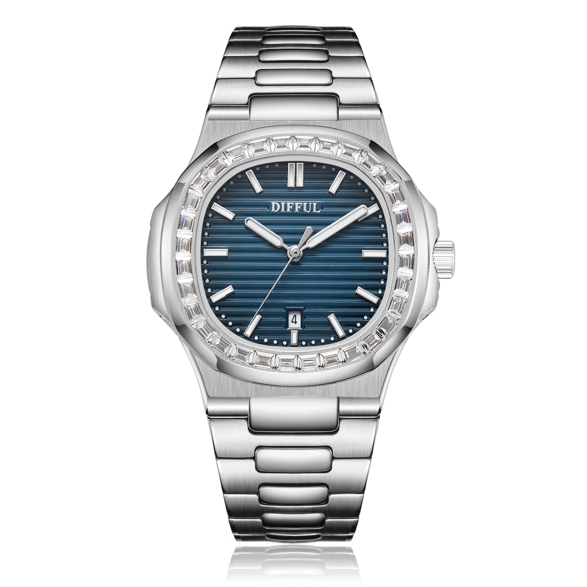

DIFFUL All Stainless Steel Japan Moment WaterProof Fake Square Ice Out Mossianote Watch