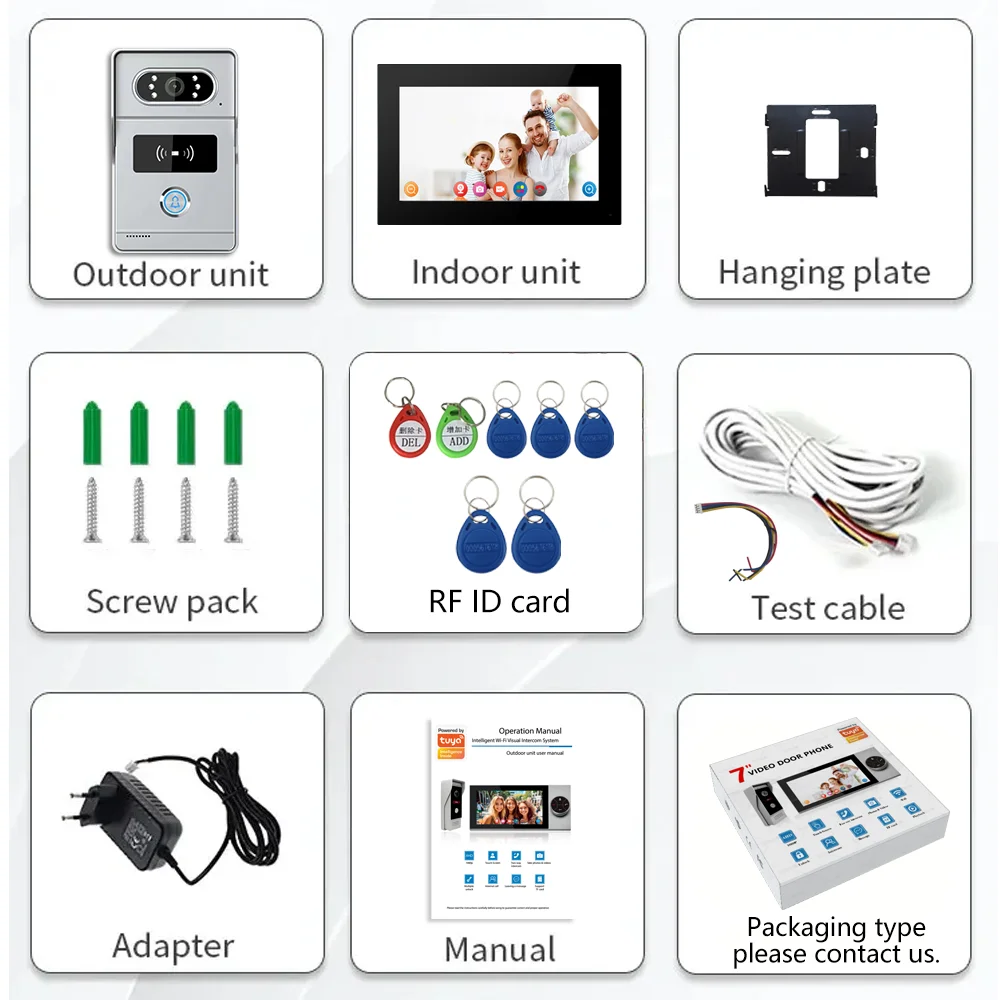 Tuya 1080P Wifi Video Doorbell 7in Color Touch Screen Doorphone Smart APP Home Intercom Kits RFID Access Control Villa Intercom
