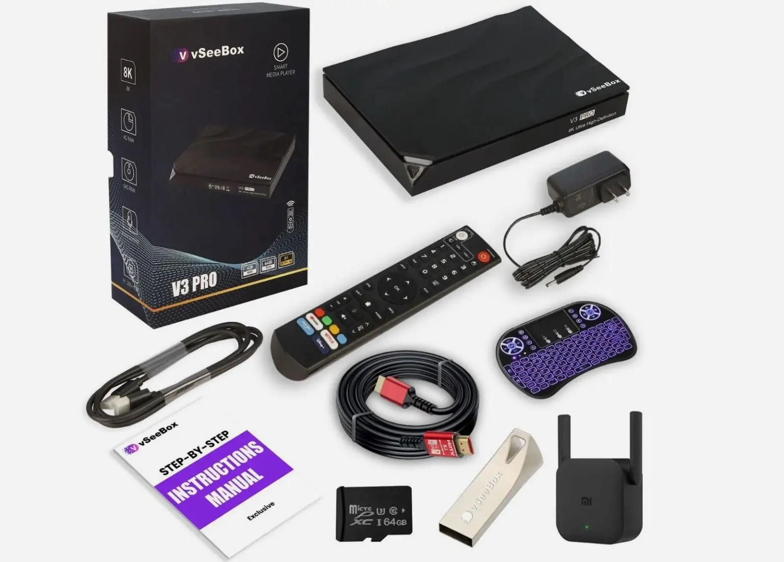 

Special Promo Offer vSeeBox V3 Pro Bundle 8K HDMI, 64GB Card/Drive, WiFi Extender, Keyboard