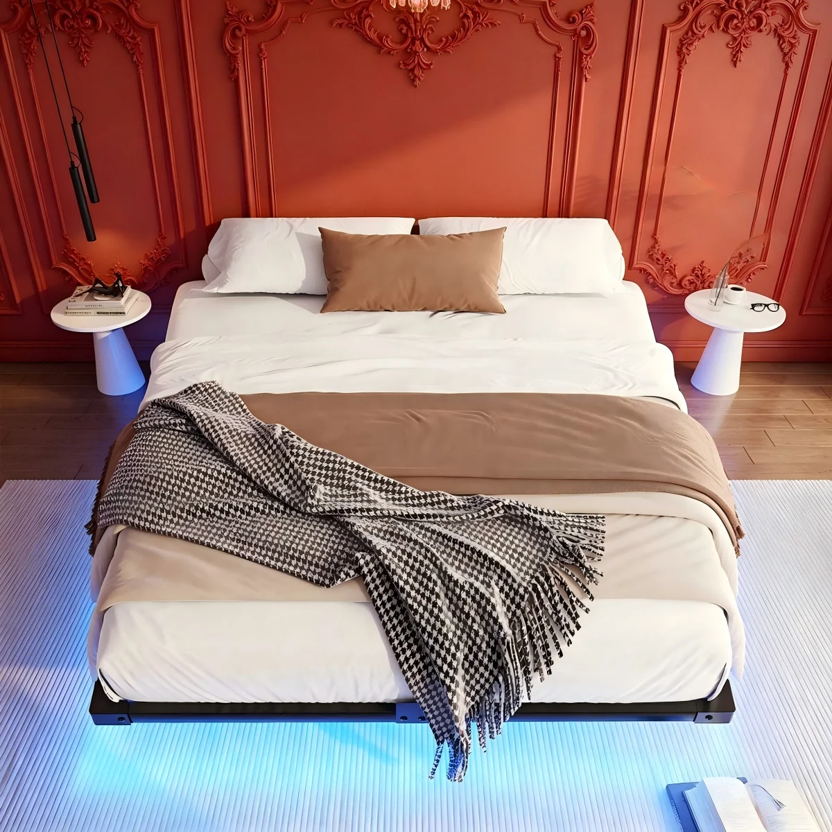 Cadre de Lit Flottant Double avec Éclairage LED, Lit Plateforme Métallique Moderne avec Butée Anti-Glissement pour Matelas, Support à Lattes Robuste, sans Sommier, 140x190 cm