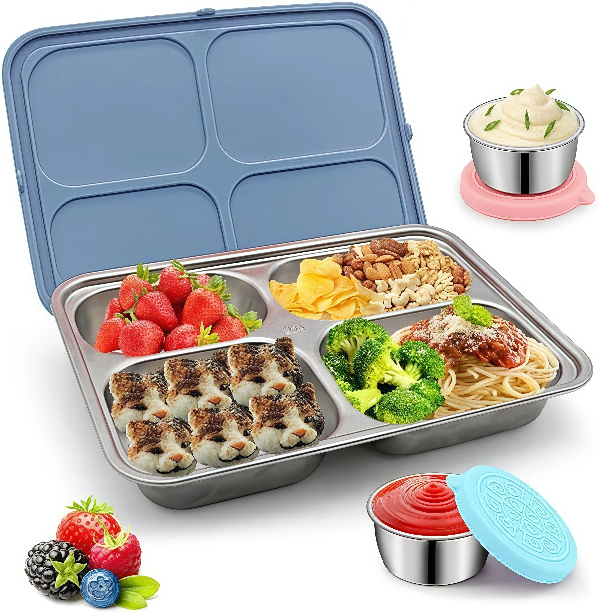 

Stainless Steel Kids Lunch Box with 4 Compartments , Silicone Lid, 6.5cm for Small Container, Ideal for School Meals & Snacks