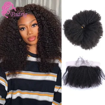 2/3PC Mongolischen Afro Verworrenes Lockiges Menschliches Haar Bundles Mit 13x4 Transparent Spitze Frontal Reines Doppel schuss Haar Verlängerung 100 gr/teil