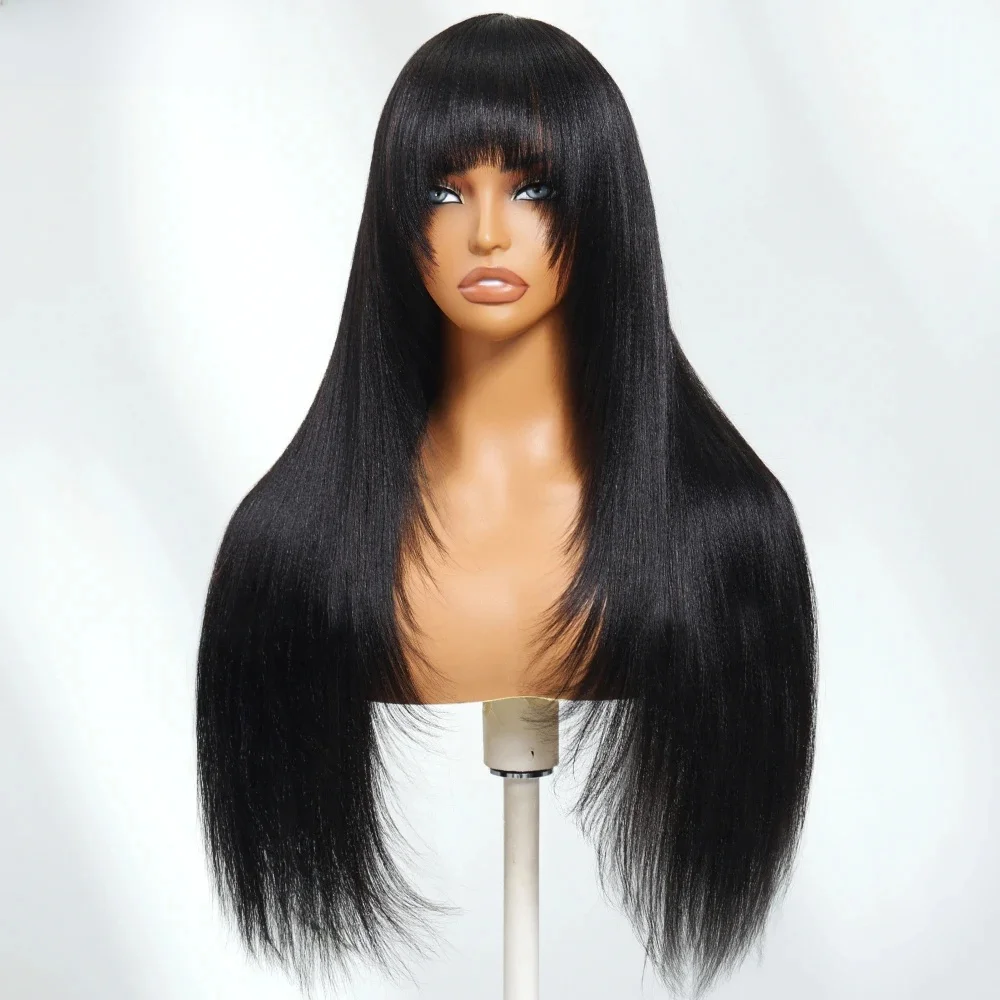 Unice Haar Gelaagde Cut Yaki Rechte Menselijk Haar Pruik Met Pony Volledige Machine Gemaakt Pruik 150% Dichtheid - afbeelding 2