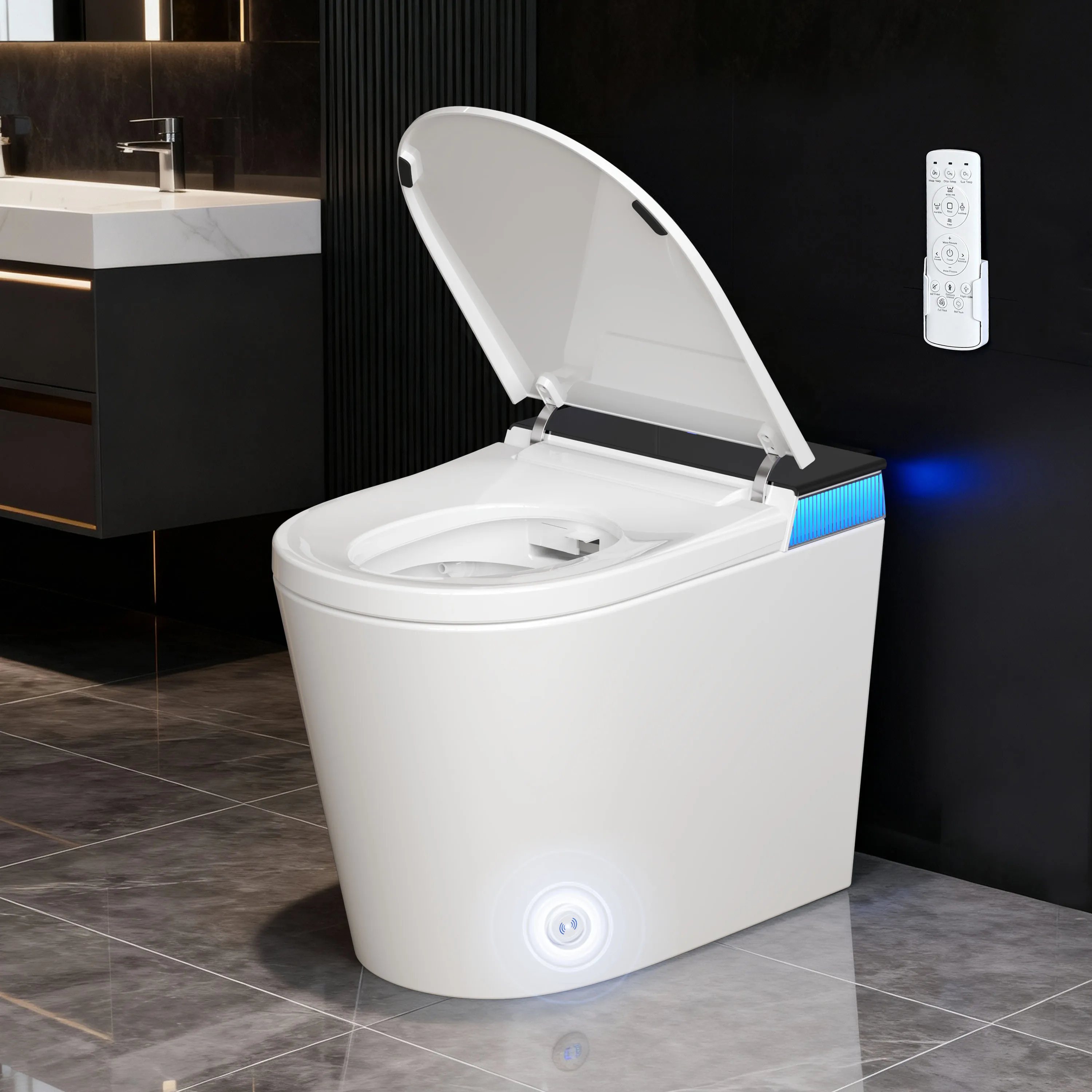 Smart Toilet Seat with Remote, Auto Flush, Warm Dryer, Heated Seat, Female & Rear Wash, Blue Light, IPX4, US Plug