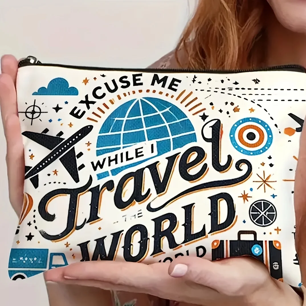 1Pc World Map and Airplane Global Travel Retro Design Multifunctional Travel Cosmetic Bag, Snack Storage Bag, Stationery Storage Bag, Fashionable Toiletry Bag, Canvas Double-Sided Printed Zipper Pouch