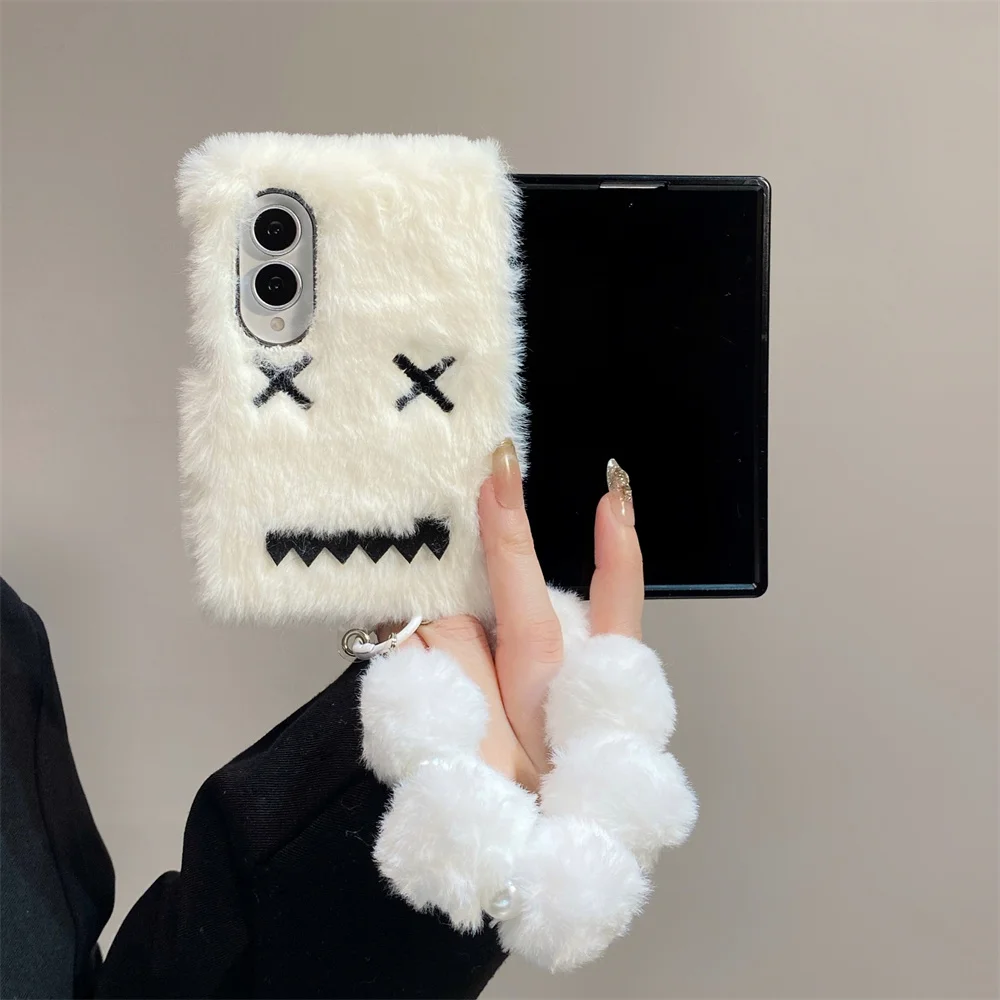 Korean Funny Cartoon Plush Phone case for Samsung Galaxy Z Fold 8 7 6 5 4 3 8 Ultra Cover With Hand Rope Warm Fluffy Cute Cover
