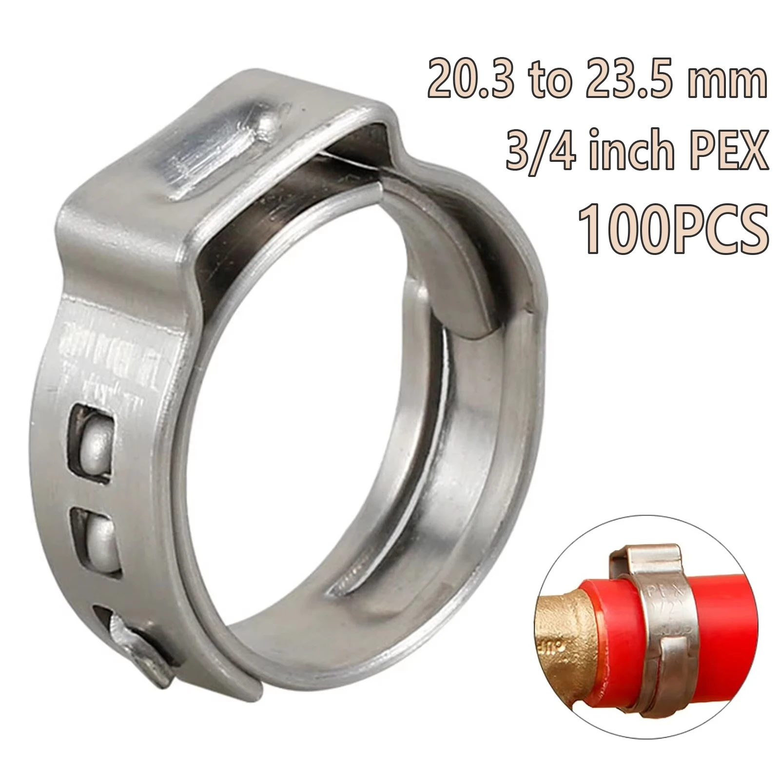 100Pcs 304 Stainless Steel Single Ear Hose Clamps Clip, 3/4-Inch Pex Crimp Rings, Pex Pipe Fitting Clamp Rings 20.3-23.5mm