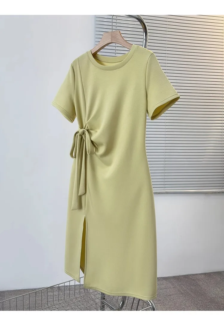 فستان بخصر من الدانتيل بتصميم رقبة دائرية للنساء في الصيف بالإضافة إلى حجم الدهون مم فستان تي شيرت أنيق على الطراز الكوري الجديد