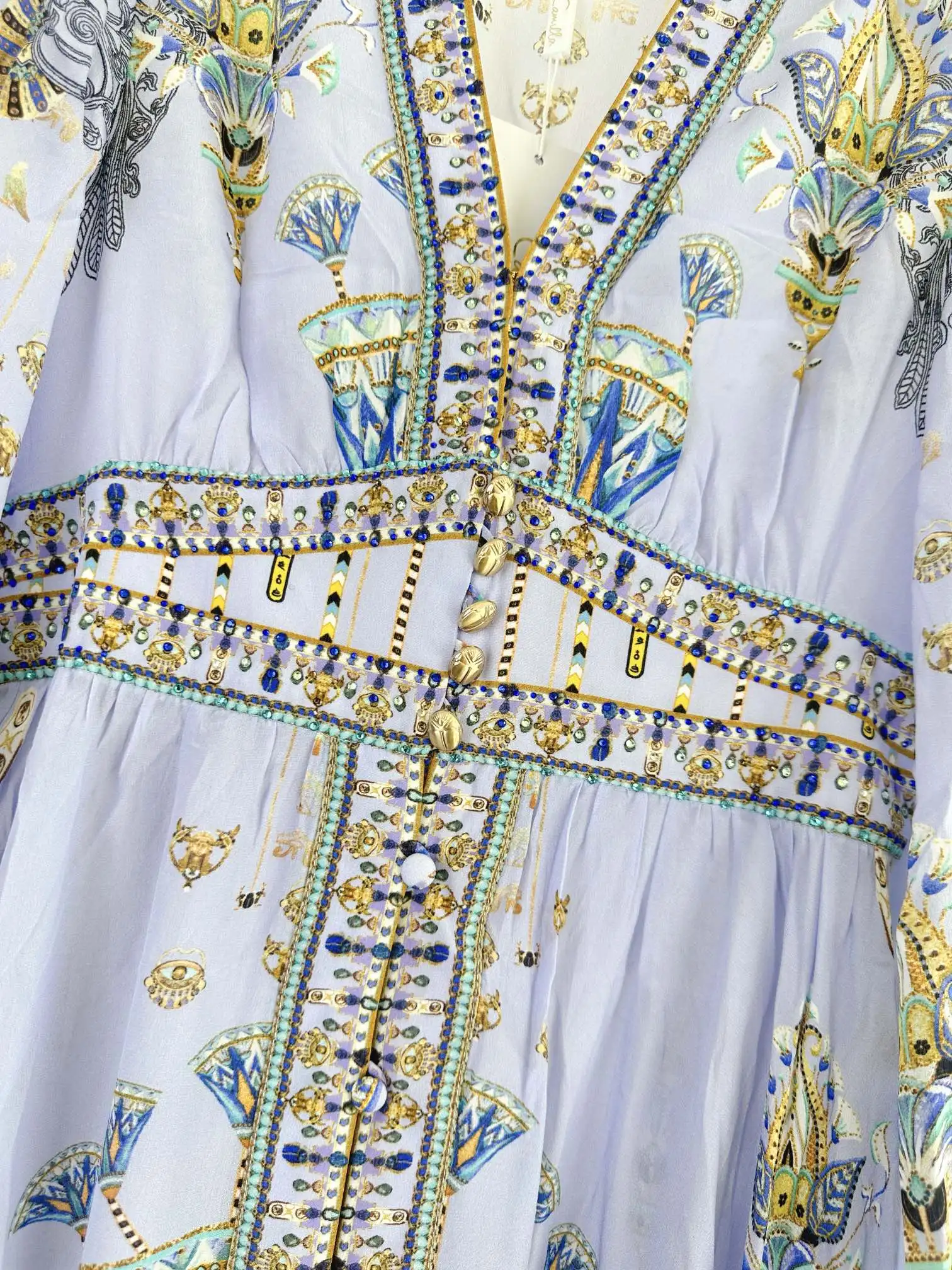 Abito longuette da donna con stampa scollo a V viola in vera seta al 100%. Estate Australian Diamond Runway Designer Beach Boho