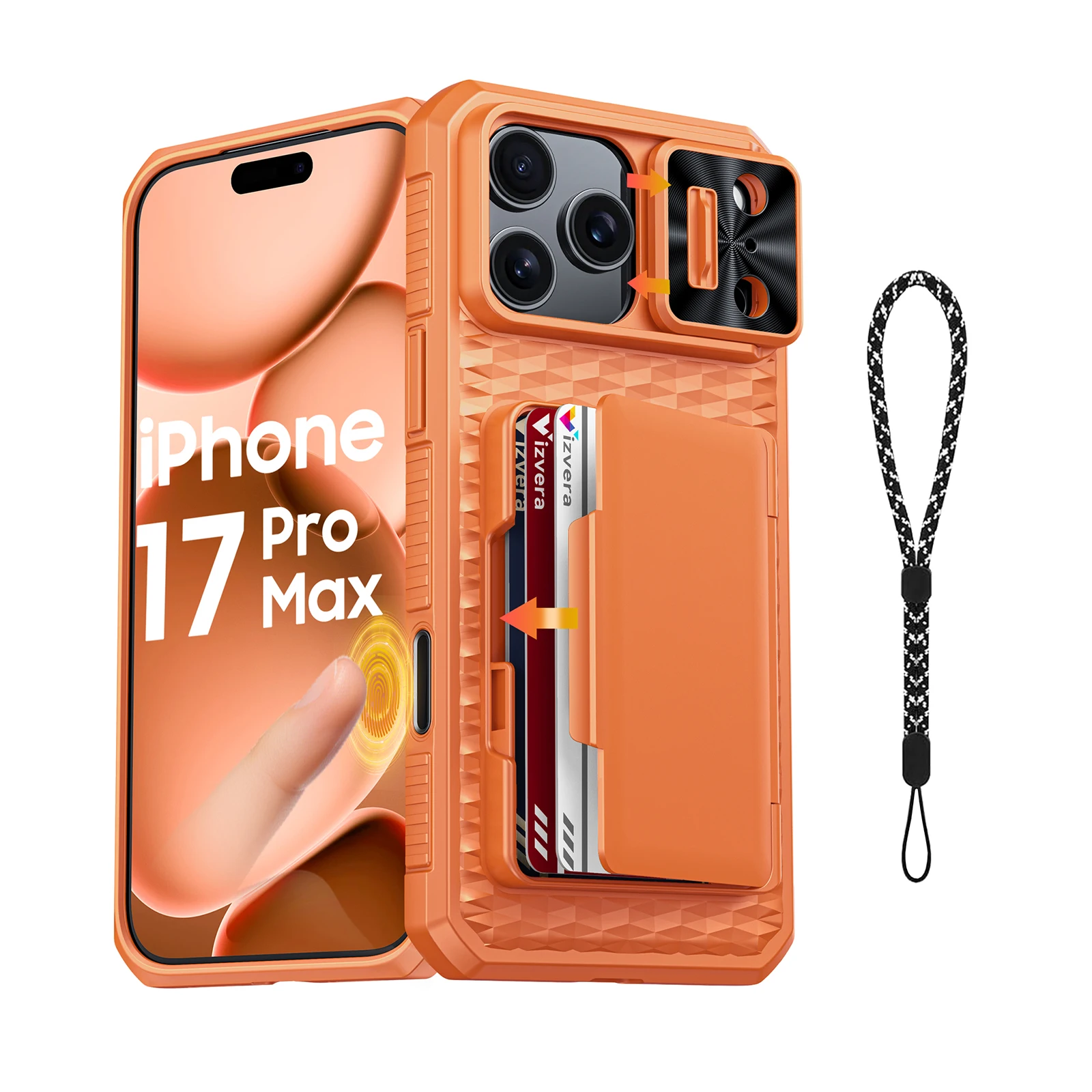 For iPhone 17 Pro Max With Card Holder Sliding Camera Cover And Stand Phone Case, Anti-Fall PC+TPU Wallet Case-Orange