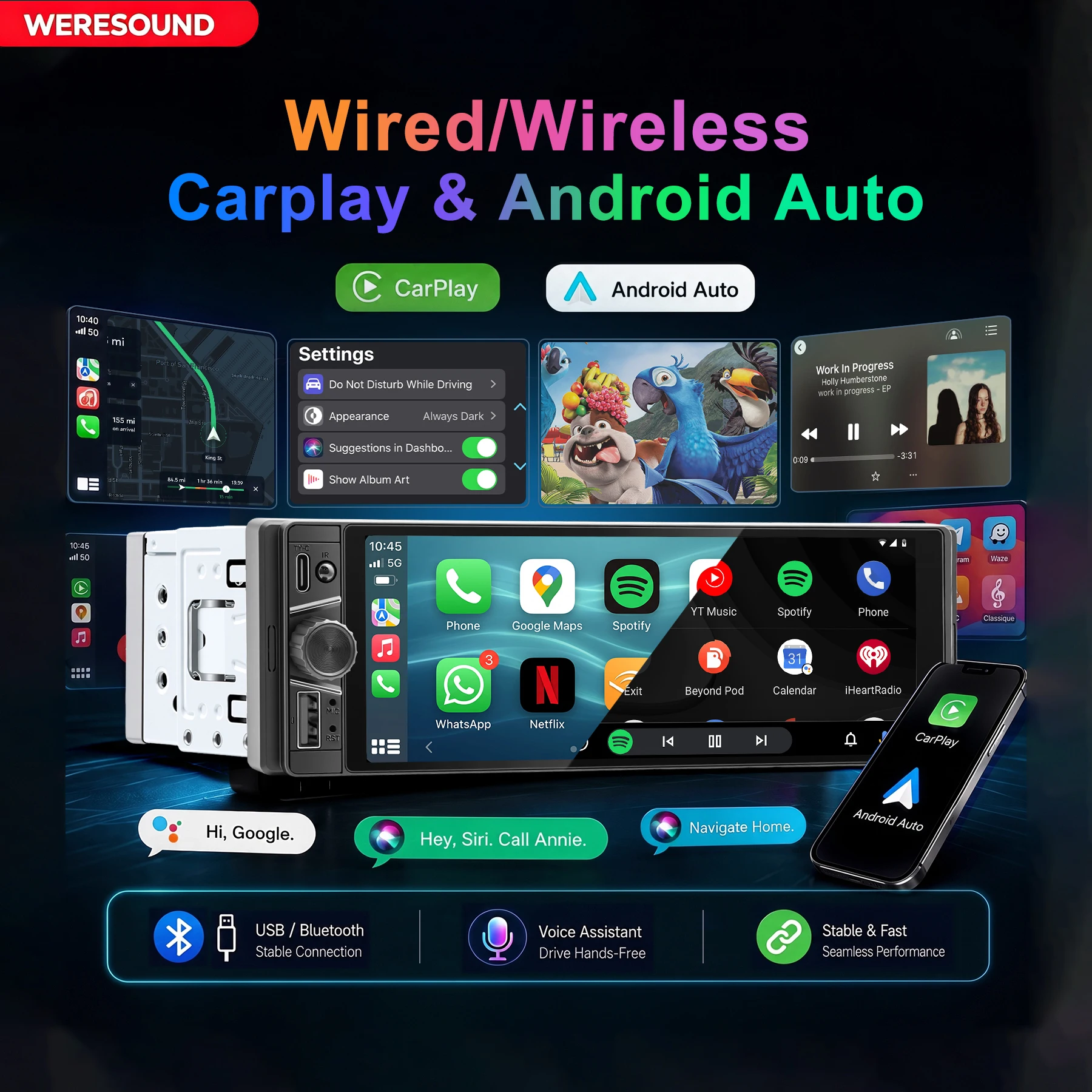 WERESOUND Autoradio Multimediale 6.28" 1 Din con Video, Carplay Wireless, Android Auto, Telecamera Posteriore, Display Touch IPS 1280*452, BT, SWC, FM, MIC, USB Type-C, Lettore MP5