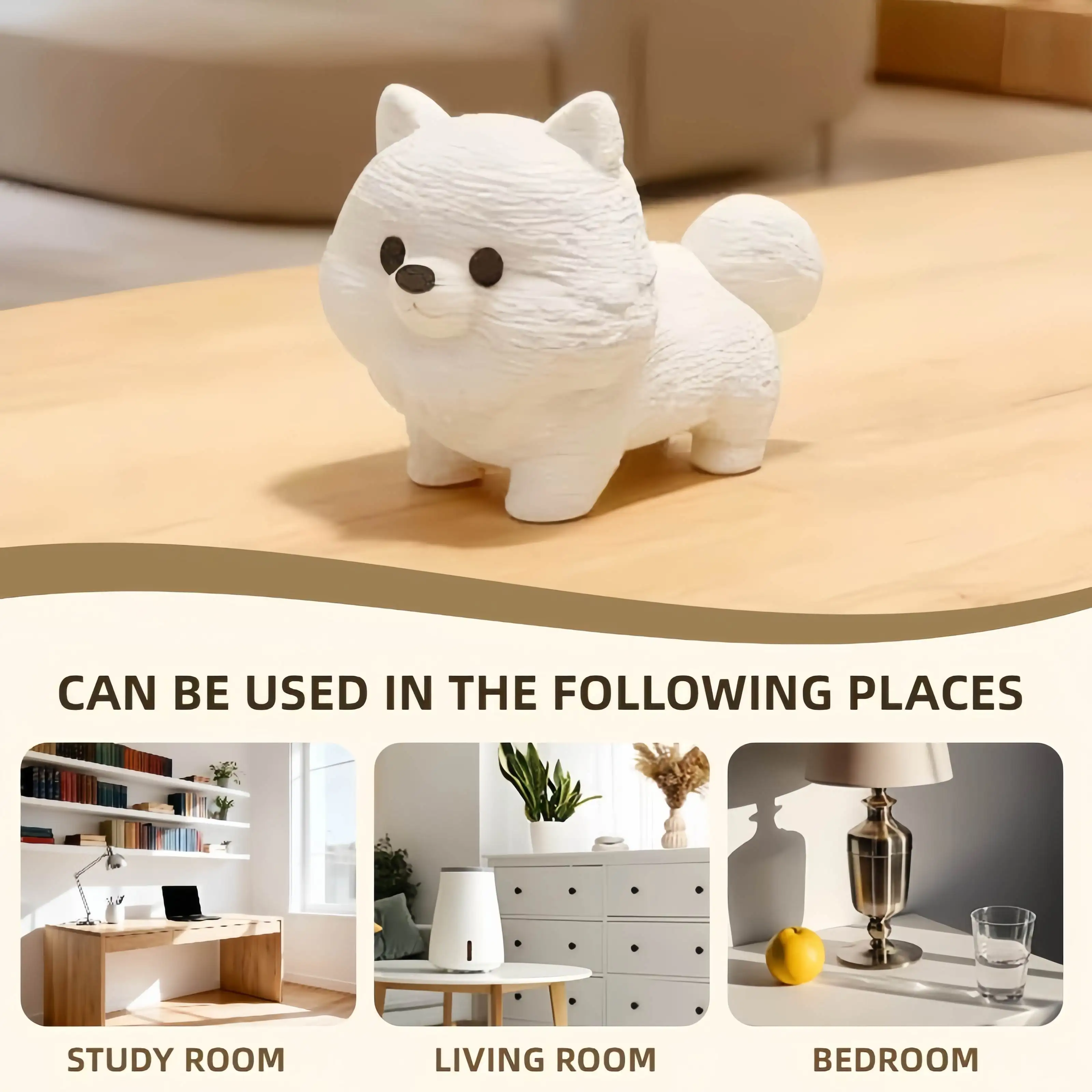 Pomeranian Dog Figurine, Cute Fluffy White Puppy Statue, Versatile Decor for Study Room, Living Room, Bedroom,Gift for Dog lover