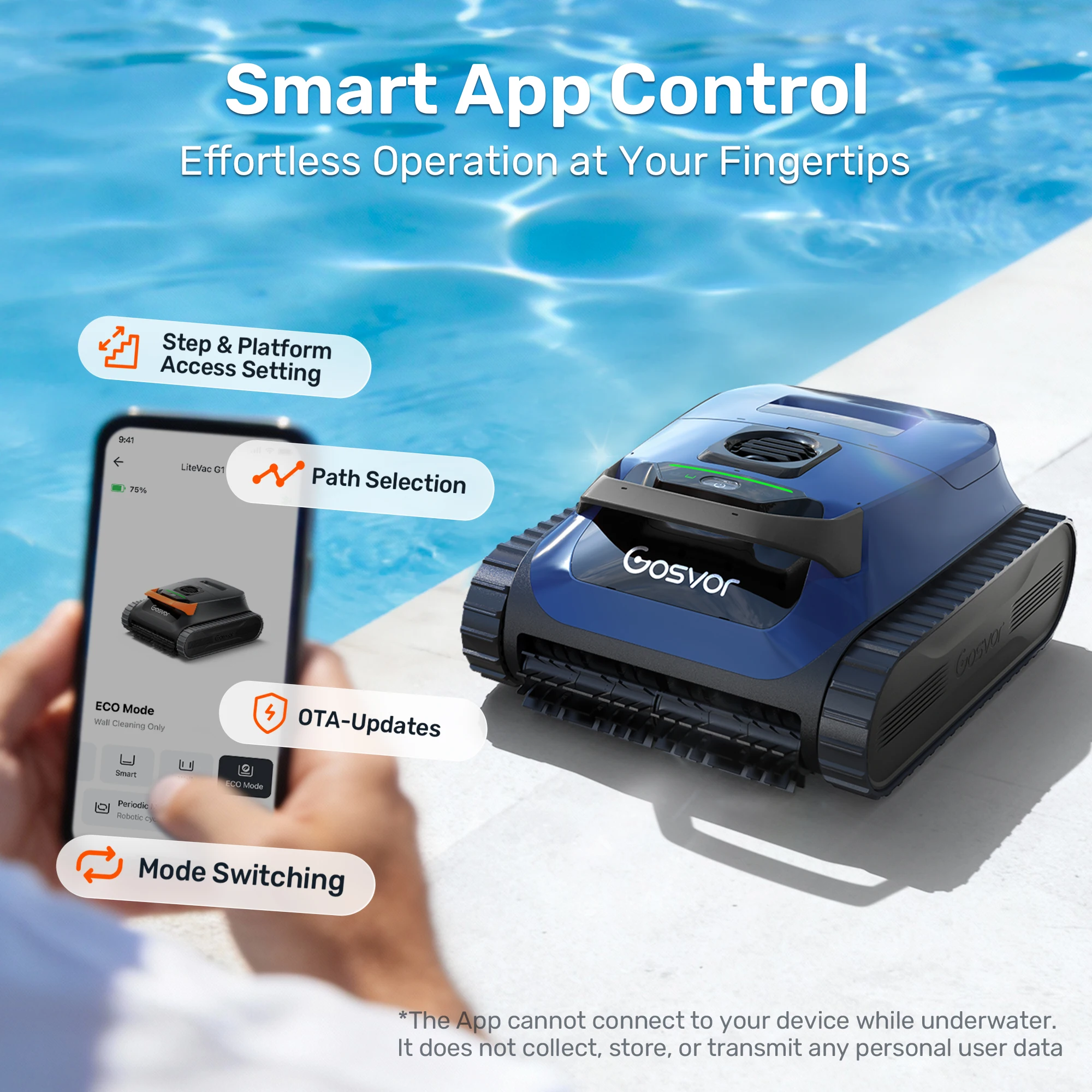 Gosvor LiteVac G1 Robotic Pool Cleaner, 2026 New Upgrade, Smart Navigation & APP Control, Wall Waterline & Shallow Pool Cleaning, Max 200 Mins Runtime, Ultra Fine Filter, Lightweight 15.2 lbs, Suitable for Inground Pools Up to 2153 sq.ft view 2