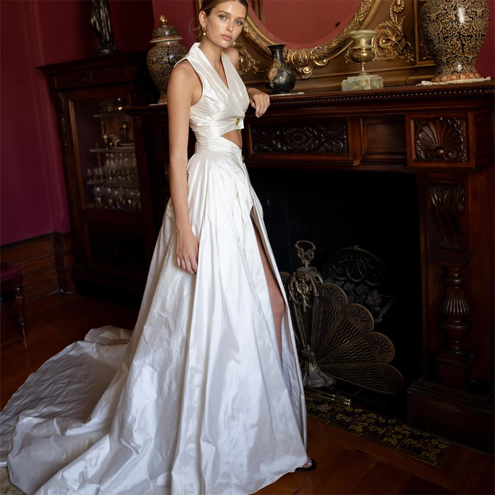 

20141# Elegant Two Piece Suit Wedding Dress For Bride Women Halter Neck Bridal Gown With High Side Slit 2024