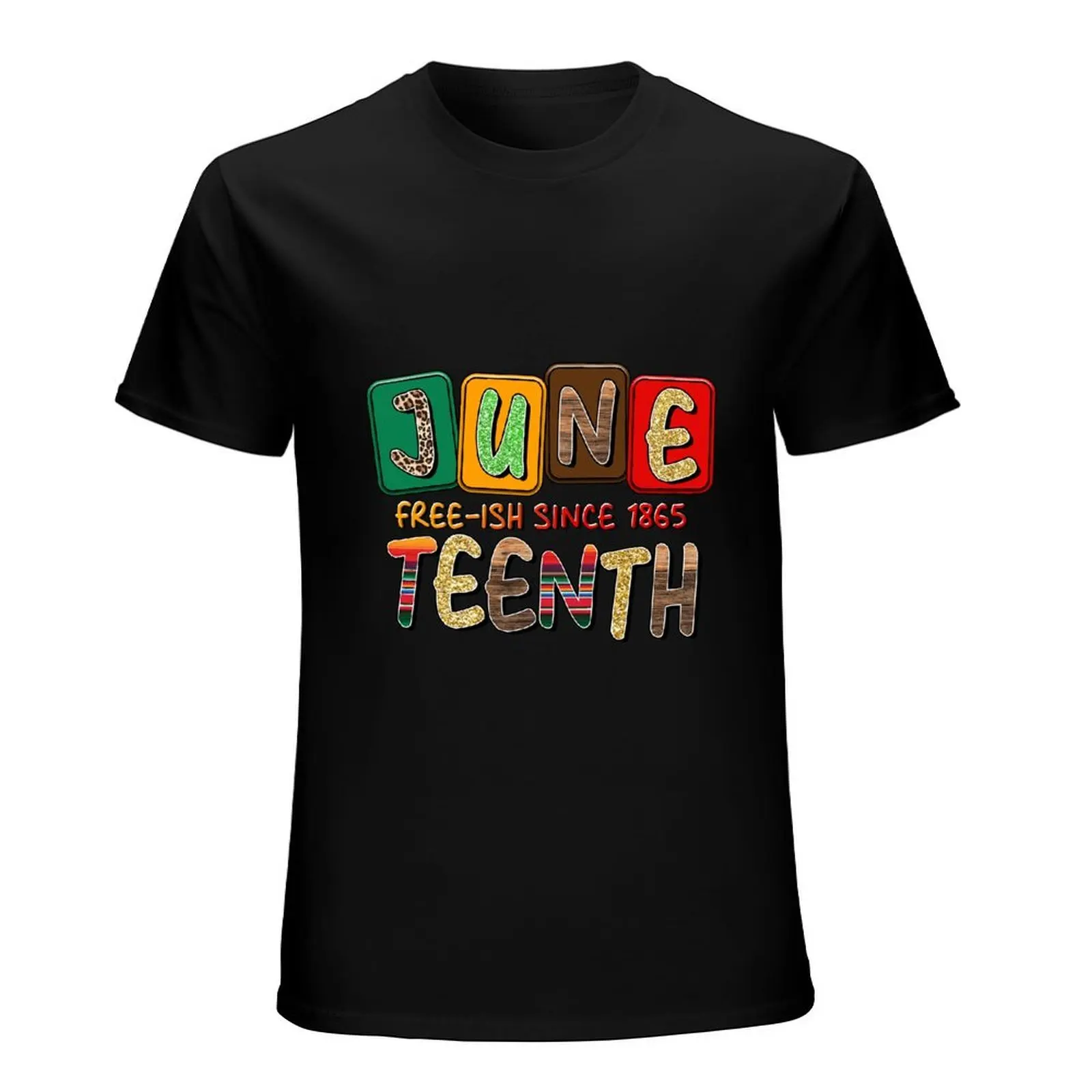 Juneteenth Free-ish Since 1865 Leopard Glitter Colorful Letter Graphic T-Shirt Black Freedom Holiday Tee