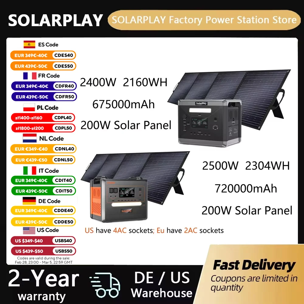 Solar Generator 2160WH 2304WH Long-life LiFePO4 Portable Power Station & 200W Solar Panel  for Home Campervan Up to 2400W Output