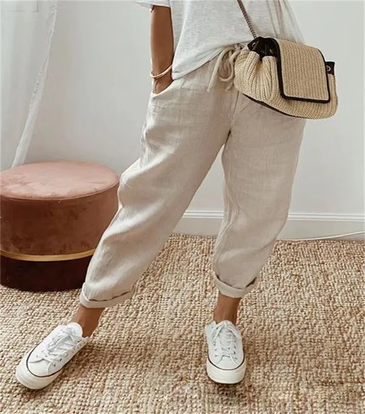 Women's Solid Elastic High Wasit Lace Up Pockets trouser Ladies Spring Summer Cotton Linen Pants Loose-fitting Nine Points Pants