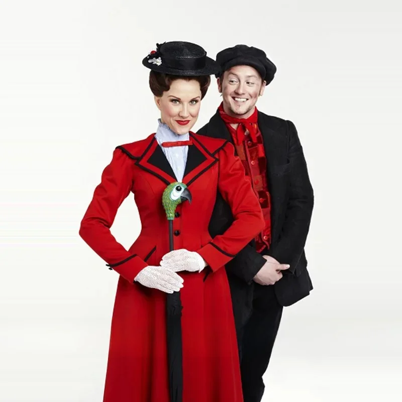 Robe personnalisée Mary Poppins, Costume de Cosplay, chemise + manteau rouge + chapeau + gants
