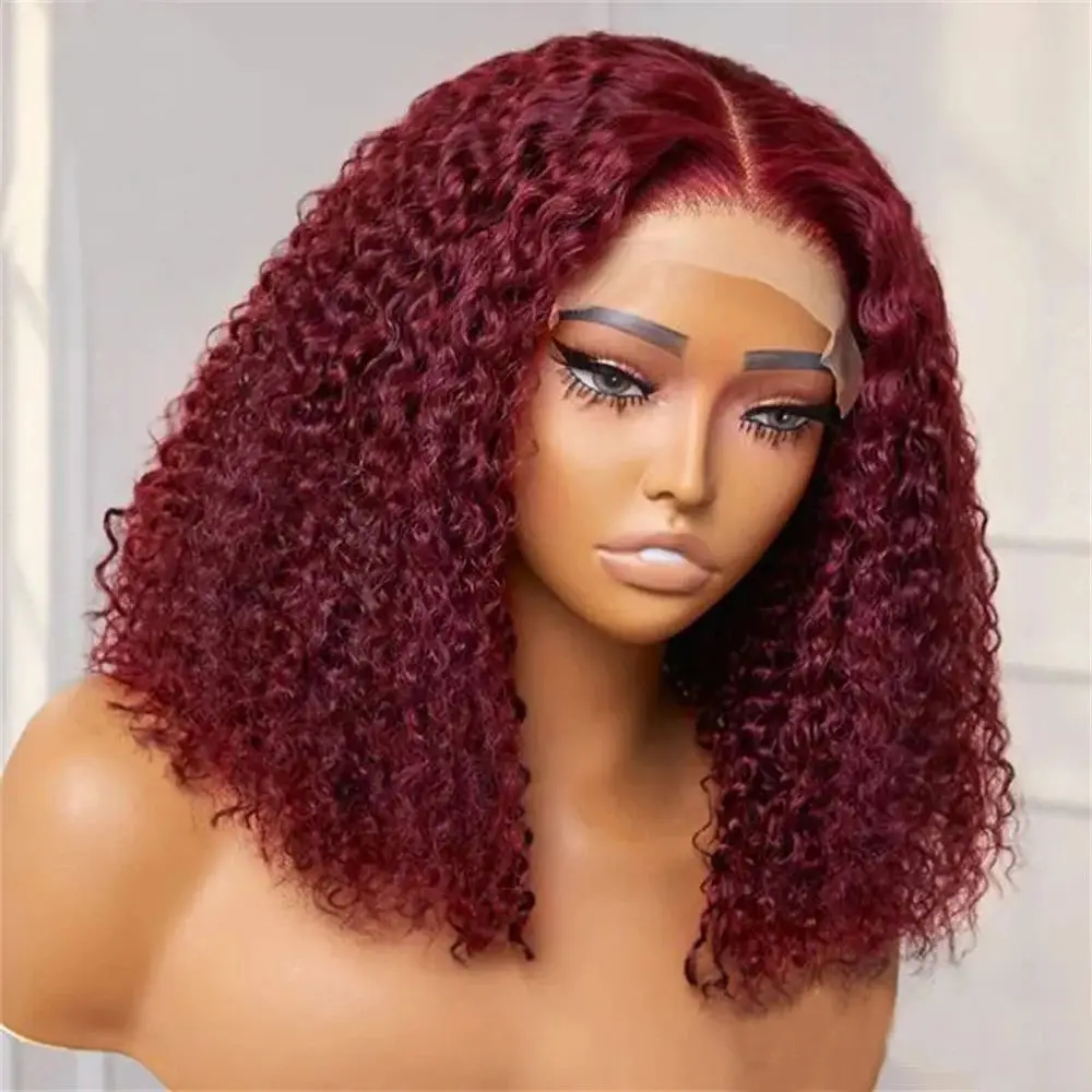 Wig Bob pendek gelombang ikal dalam kepadatan 200% Wig Frontal 13x4 renda Wig 99J Burgundy rambut manusia Brasil penutupan keriting Wig Bob pendek