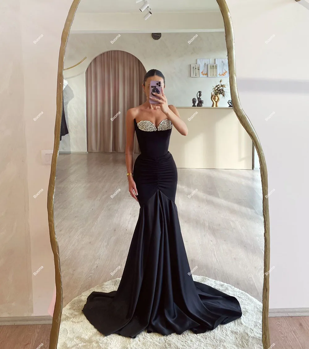 Booma Black Mermaid Evening Dresses Sweetheart Crystal Satin Formal Occasion Gowns for Women Elegant Party Prom Dress Dubai