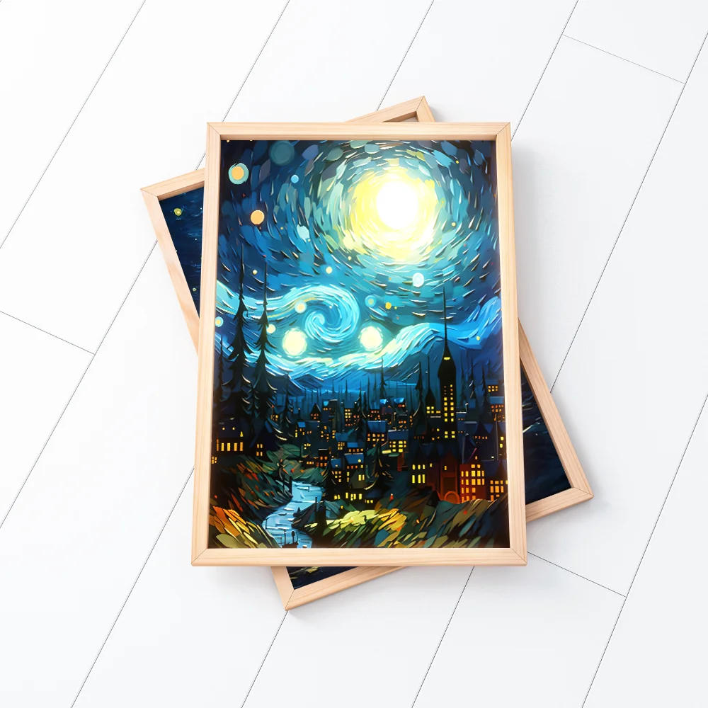 Van Gogh Art Anime lampu malam LED-3 warna lampu suasana redup USB, bingkai foto kayu hadiah dekorasi rumah, sempurna untuk kamar tidur