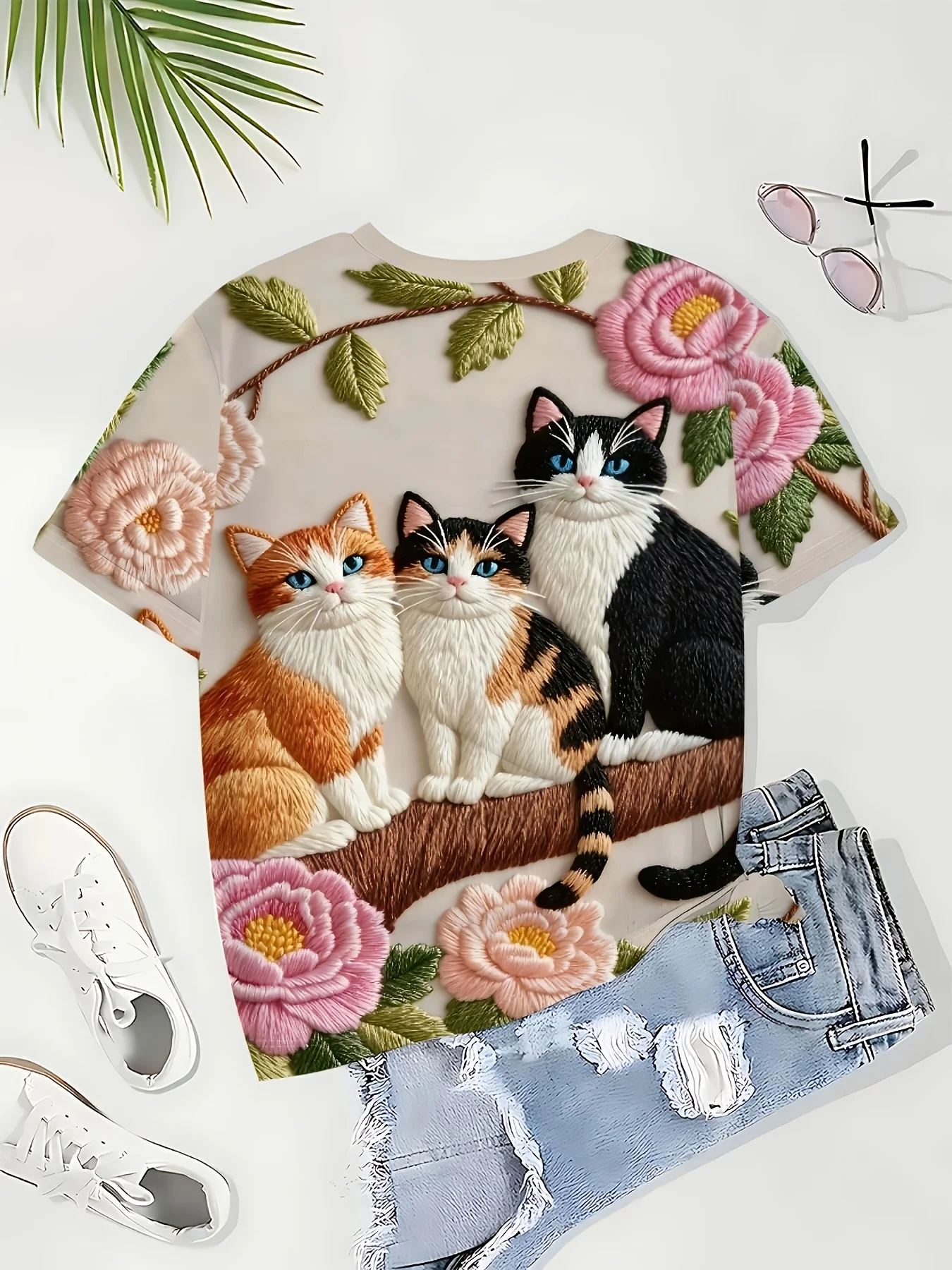 Fashion Women's T-shirt 3D Printed Kawaii Cat Pattern Short Sleeved Round neck Top Summer Outdoor Casual Street Simple Clothing