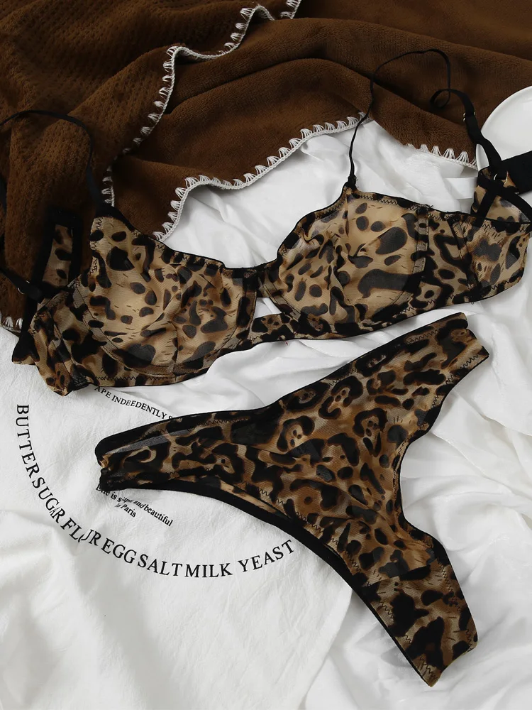 

Sexy Underwire Bra Set Leopard Print Mesh Sheer Slim Lingerie Thong Women Large Size Bralette with Pants Suit