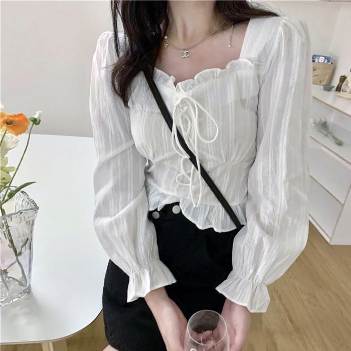 Square Neck Cotton Women's Frill Blouses White Long-sleeved Crop Spring Shirt