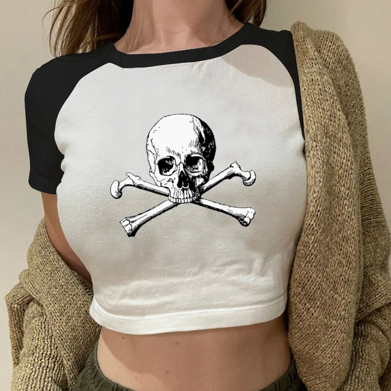 

Gothic Skull Graphic Print Crop T-shirt American Retro Raglan Sleeves Women's O-Neck Tshirt Summer Streetwear Female T Shirt