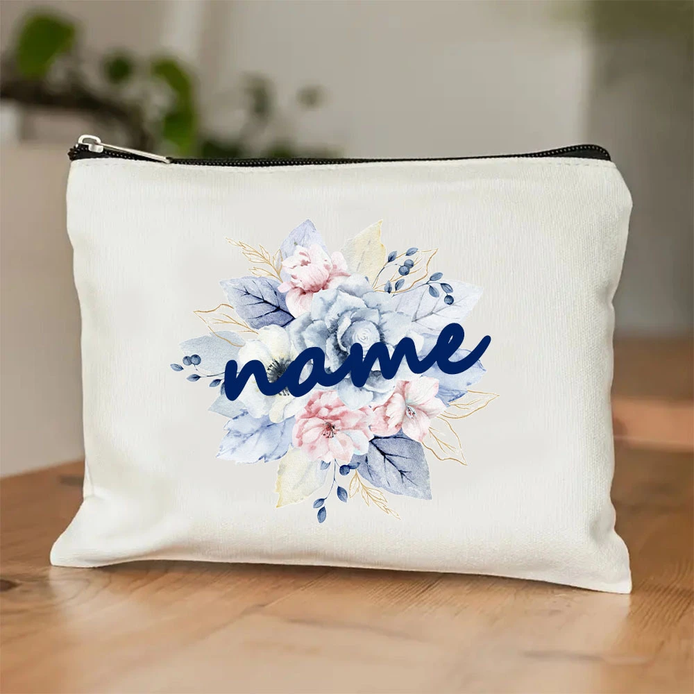 Custom Name Beige Watercolor Floral Makeup Bag Zipper Large Washable Polyester Travel Toiletry Gift For Women Bestie Friends
