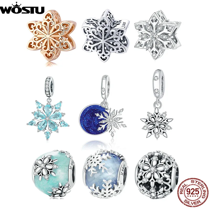 WOSTU Winter Series Beads 925 Sterling Silver Snowflake Pendant Dangle Charms Fit Original Bracelet DIY Fine Jewelry For Women