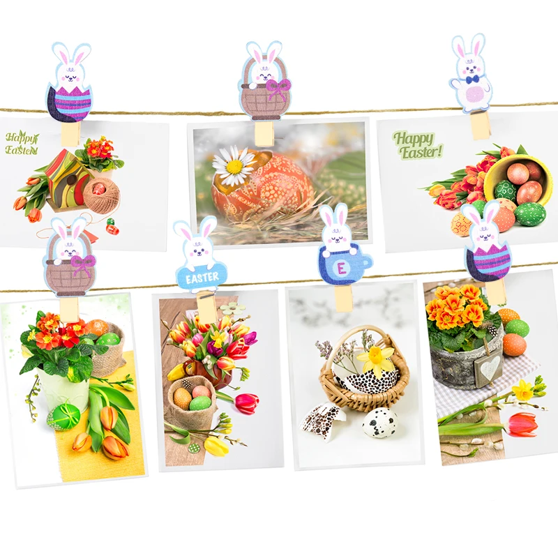 

10pcs Easter Wooden Clips Photo Paper Craft Memo Clip With Hemp Rope DIY Clothes Peg Message Stickers Birthday Party Decoration