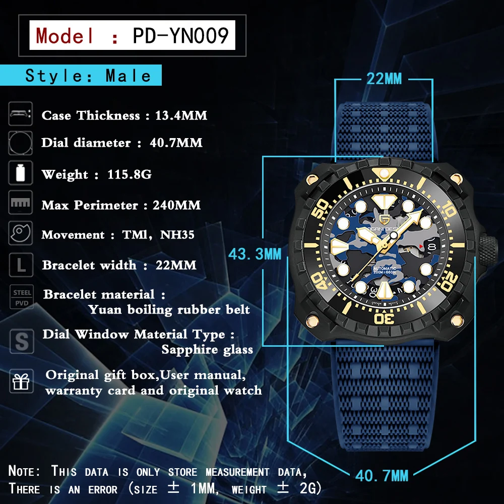 PAGANI Brand SWIM TMI NH35 Movt Square Steel Mechanical Watch Men Diving Watch Rubber Band Sapphire Glass Reloj Hombre