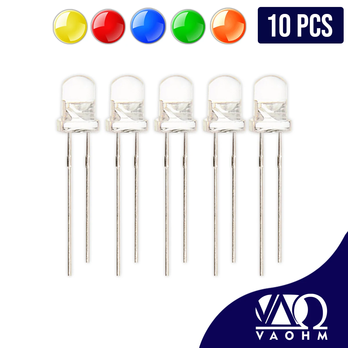 10PCS LED F5 Water Clear Round 5mm Light Emitting Diode RED BLUE GREEN ORANGE YELLOW WHITE