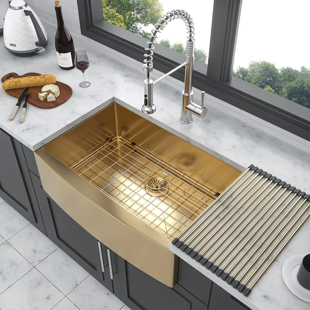 

304 Stainless Steel Waterfall Kitchen Sink Large Single Slot Integrated Faucet Set 33 "x21" x10 "stainless steel sink in gold