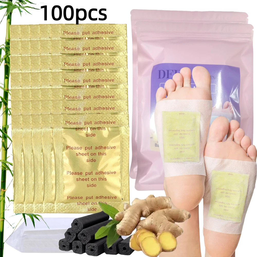100 шт., глубоко очищающие патчи для ног с клейкими листами, бамбуковые подушечки с имбирным порошком для ухода за ногами, набор