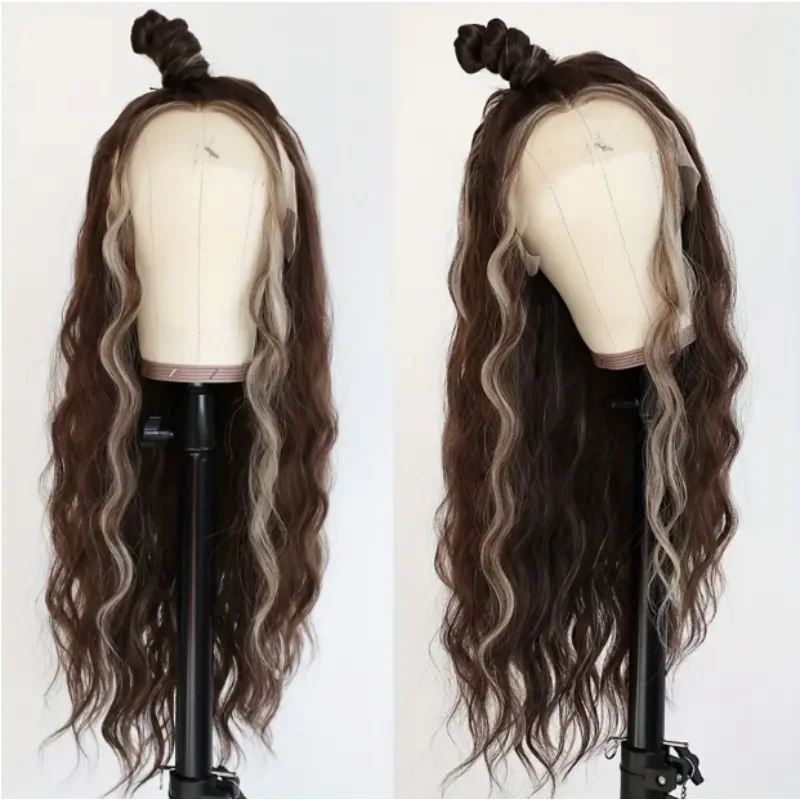 Peluca delantera de encaje sin pegamento para mujer: degradado marrón a rubio con reflejos, cabello humano, peluca frontal de encaje de aspecto natural para todos los días y