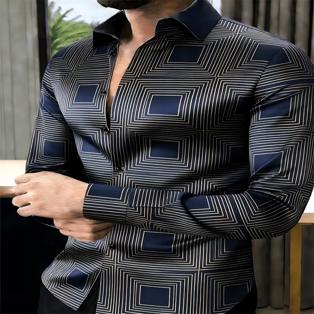 Men Geometric Optical Illusion Print Long Sleeve Shirt Stripe Square Pattern Lapel Button Up Business Casual Dress Shirt