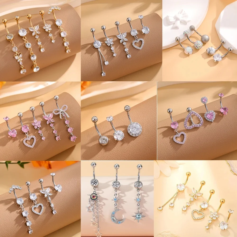 3-5 pièces/lot Nombril anneaux ensembles coeur papillon fleur pendante Nombril 14G incurvé Nombril anneaux bijoux pour femmes