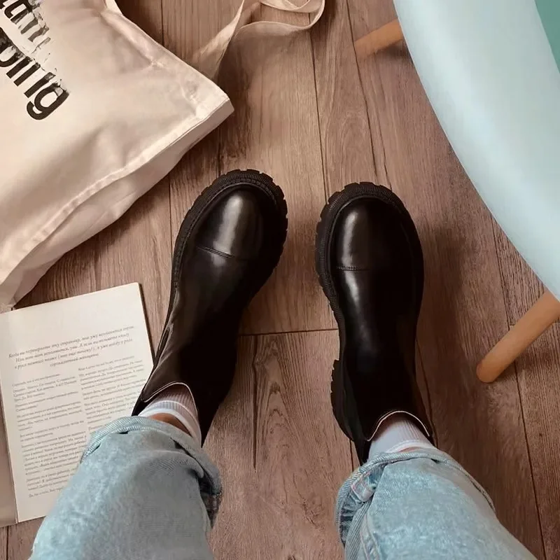 BeauToday botki platformy kobiety skóra bydlęca Chelsea Boots okrągły nosek gumką gruba podeszwa buty damskie Handmade 02379 — zdjęcie 2