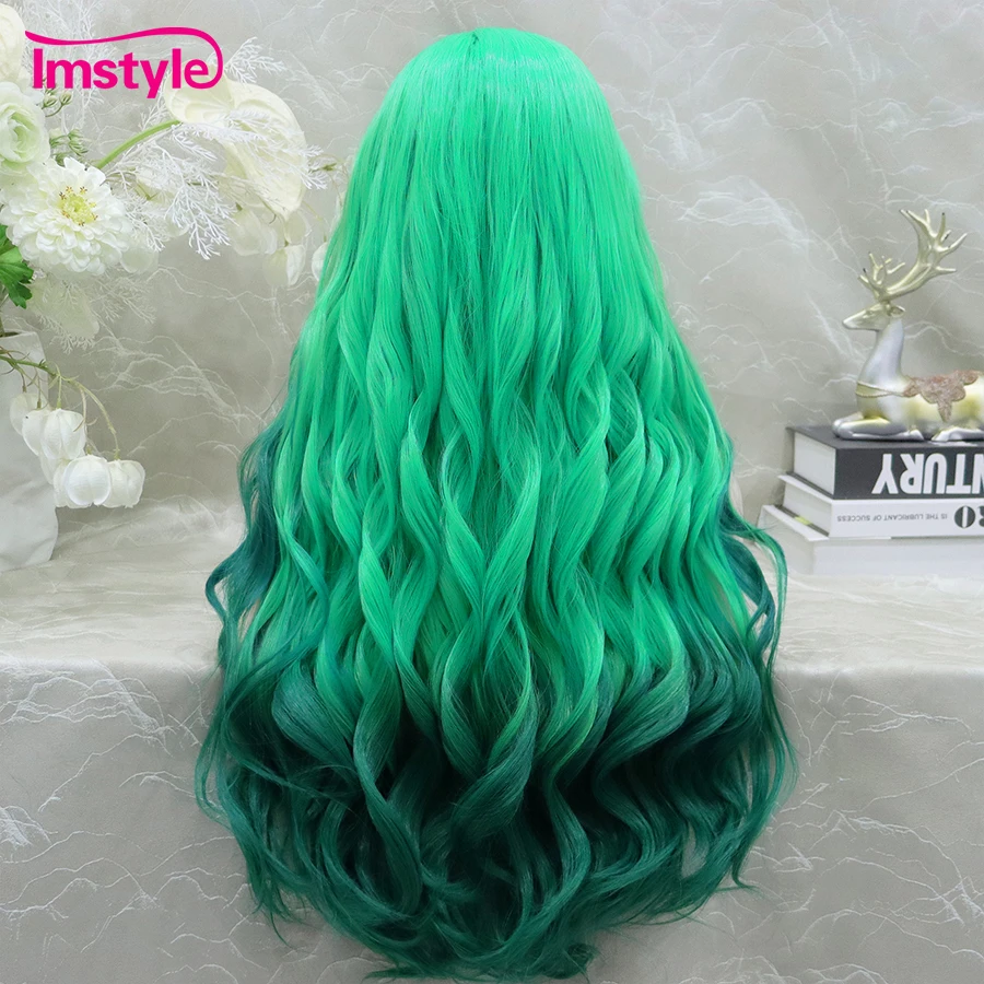 Imstyle Green Wig Long Synthetic Lace Front Wig Wavy Ombre Wigs For Women Heat Resistant Fiber Highlight Cosplay Wig