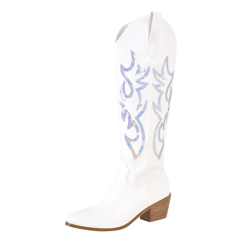 Onlymaker Women White Pointed Toe Embroidered Western Cowboy Boots Block Heel Pull-On Big Size Cowgirl Booties