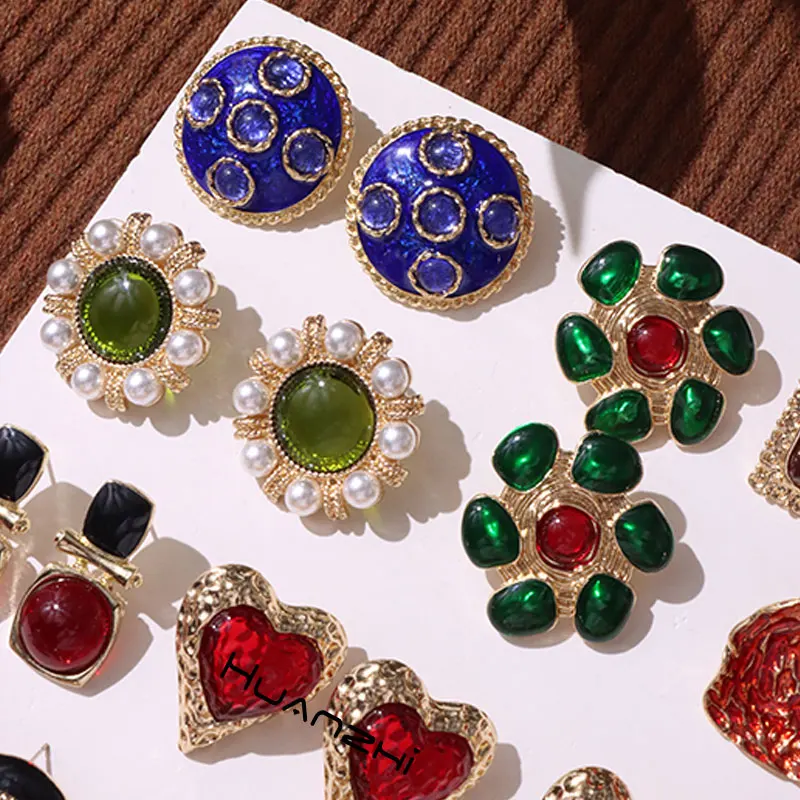 Luxe Emaille Vintage Druipende Glazuur Onregelmatige Metalen Steen Hart Parel Oorbellen Voor Vrouwen Meisje Feest Elegante Sieraden Huanzhi Nieuw