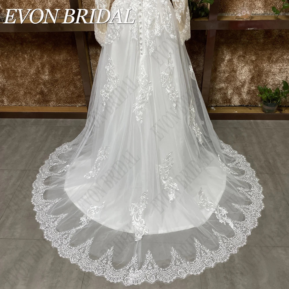 EVON BRIDAL Lange Mouwen Trouwjurken Voor Vrouwen Boho A-Line vestidos de novia burgerlijke Kant Tule Bruidsjurken Op Maat Gemaakt Illusie Appliques Knoop Terug Bruidsjurk Chic Echte Foto Lange mouw trouwjurken voor vr