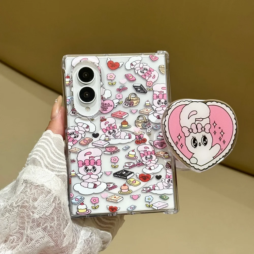 Kawaii Cartoon Sweet Rabbit Phone Case for Samsung Galaxy Z Fold 8 Fold 8 Ultra Fold 7, with MagSafe Holder Cute Anti-fall Cover