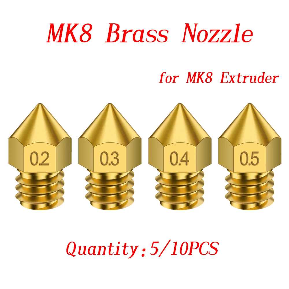 5/10PCS MK8 Brass Nozzle 0.2 0.3 0.4 0.5 0.6MM Extruder Print Head Nozzle 1.75MM Filament For 3D Printer Ender-3 CR10 CR10S